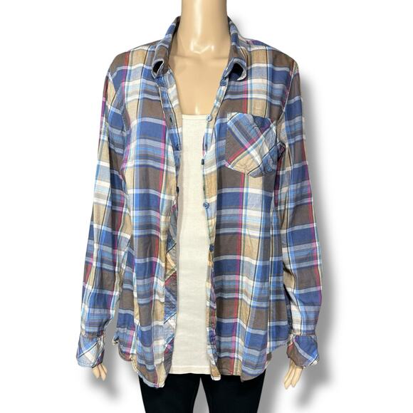 Bit & Bridle Womens Plaid Button Down Shirt Top Long Sleeve Blue Brown Large - Picture 1 of 9
